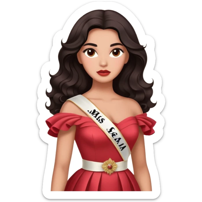 A woman with canela-toned skin, dark voluminous hair in waves, expressive eyes with soft lashes and shimmer, full lips with a glossy nude-pink color, wearing a red dress and a white sash with “Miss San Juan” in black letters, exuding elegance and confidence sticker
