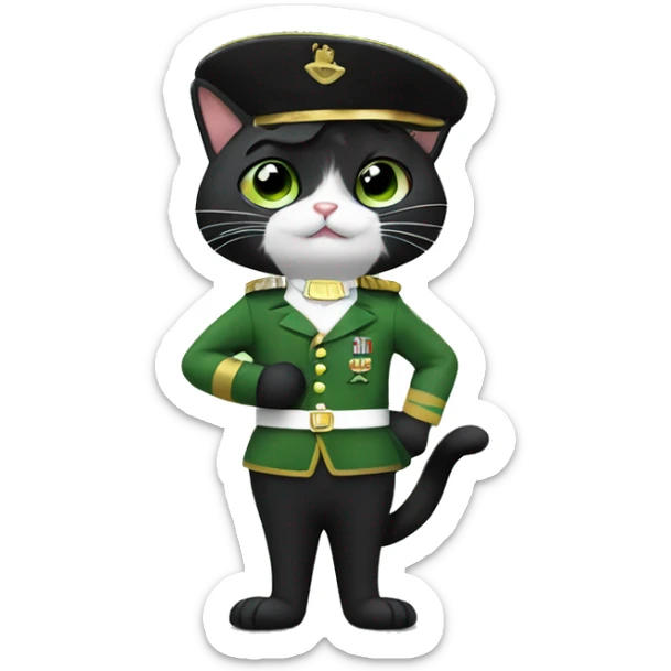 a tuxedo cat with a black mustache waving hi in a green soldier uniform sticker