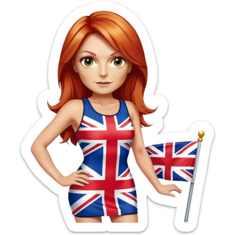 Geri Halliwell with red hair and blonde highlights wearing a short bodycon uk flag dress sticker