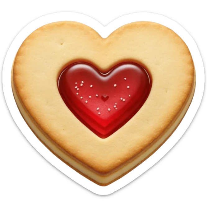 Realistic shortbread cookie in the shape of a heart with red jelly middle filling and sprinkled powder sugar on top. sticker
