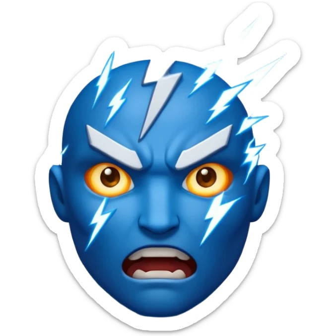 Rayos, centellas y estrellas en una cara color azul con expresiones de furia sticker