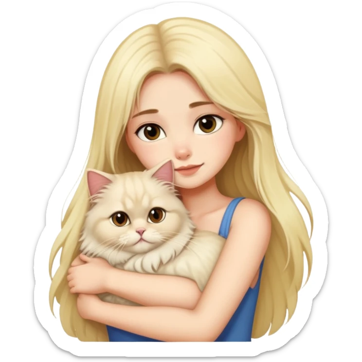 pretty girl with dark long hair hugging her blonde fluffy persian cat  sticker