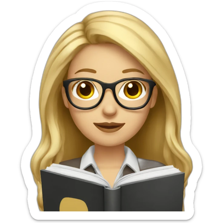 Woman teacher blonde long hair brown glasses with book sticker