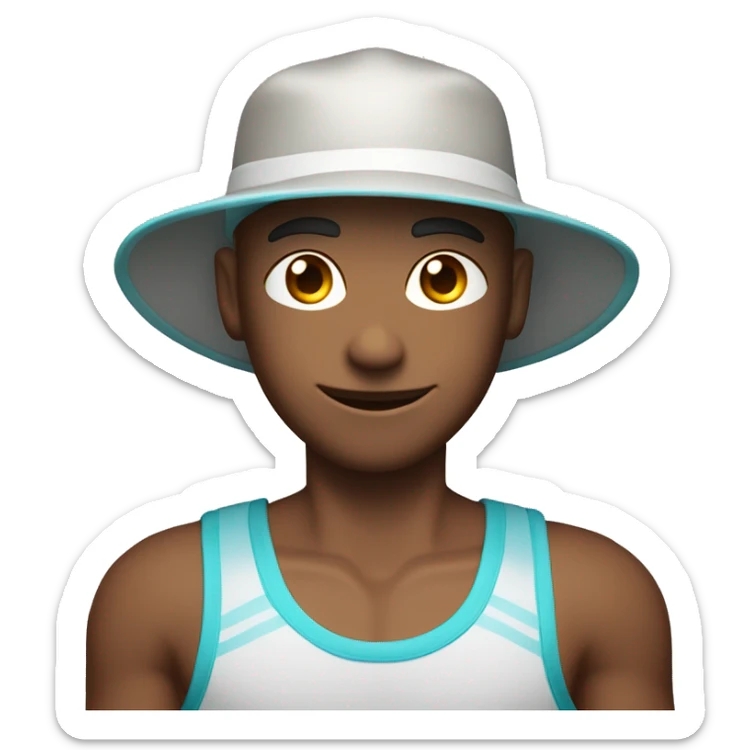 One caucasian headshot glowing with health and wearing a sporty tanktop, suncap and zinc on the nose  sticker