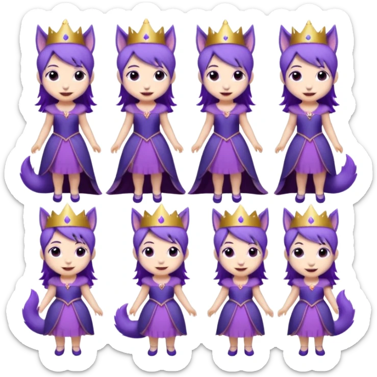 A collection of twelve chibi-style illustrations of a cute princess wearing a purple dress and crown with purple hair and purple wolf ears and purple wolf tail character. Each square shows the character doing something different against a white background And make a gap between each illusion sticker