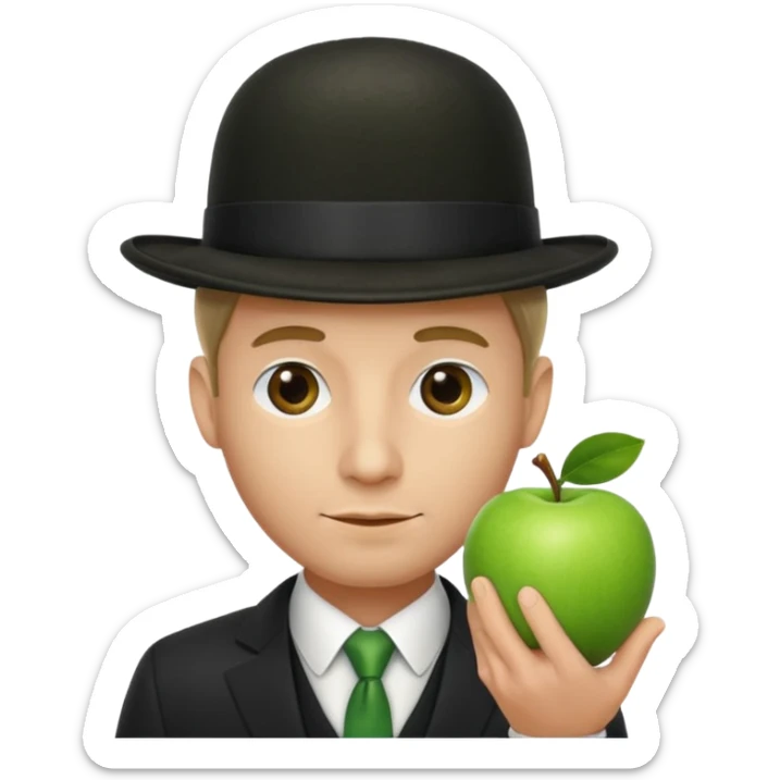 homme en costume chapeu melon, grosse pomme verte devant visage sticker