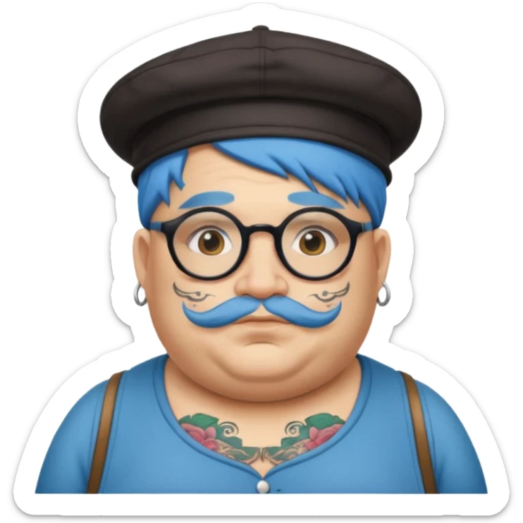 very tattoed face, normal glassess, fat venice gondolier with iconic hat and blue hair woman sticker