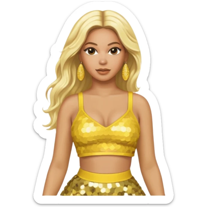 Beyonce with long platinum blonde hair, yellow sequin crop top yellow sequin skirt, gold earring sticker