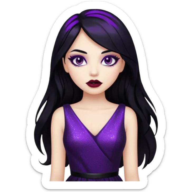 girl with long black hair, sparkling black dress, purple eyeshadow, dark red lips, edgy style sticker