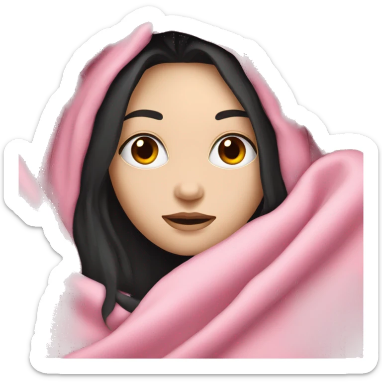 pale white girl with long black hair laying under pink blanket sticker
