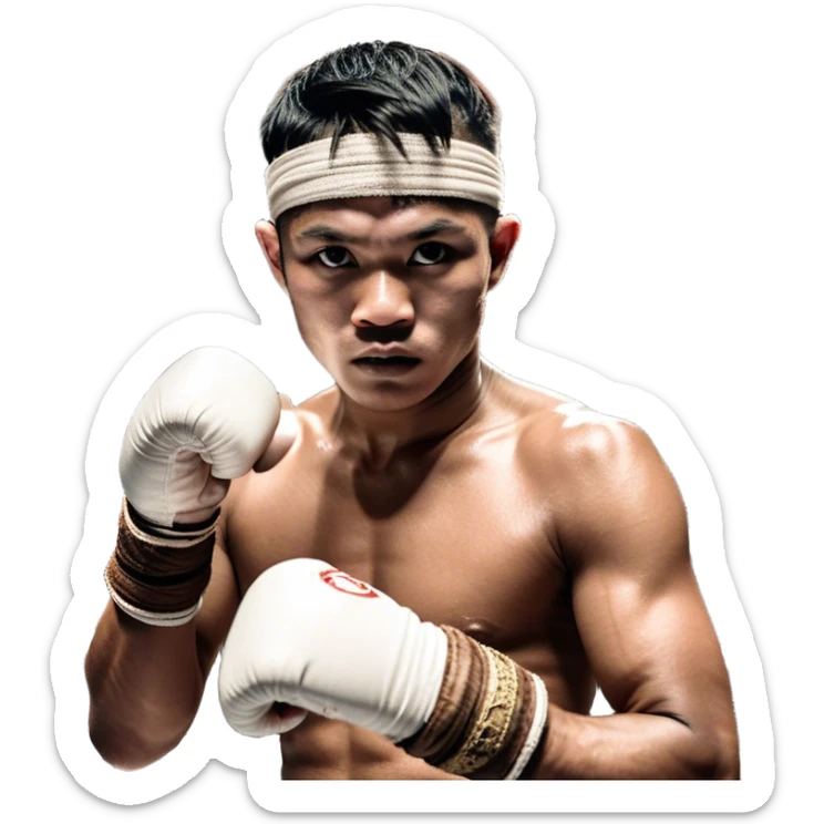 ​Cinematic Realistic Traditional Muay Thai Fighter such as Buakaw Banchamek, depicted in authentic attire featuring white bandaged gloves wrapped around his fists, a traditional headband tied neatly, and classic Muay Thai shorts, captured in a dynamic fighting stance under dramatic, high-energy lighting that highlights the raw power and elegance of the art, sticker