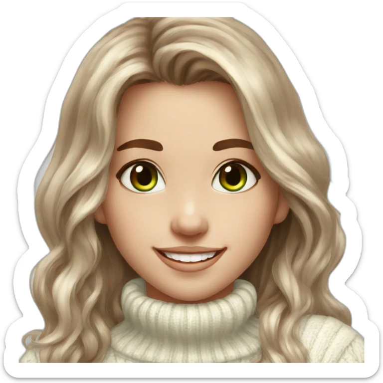 beautiful girl, white, with long loose wavy hair, brown hair, brown green eyes, smiles at the camera, good teeth, white sweater, realistic drawing sticker