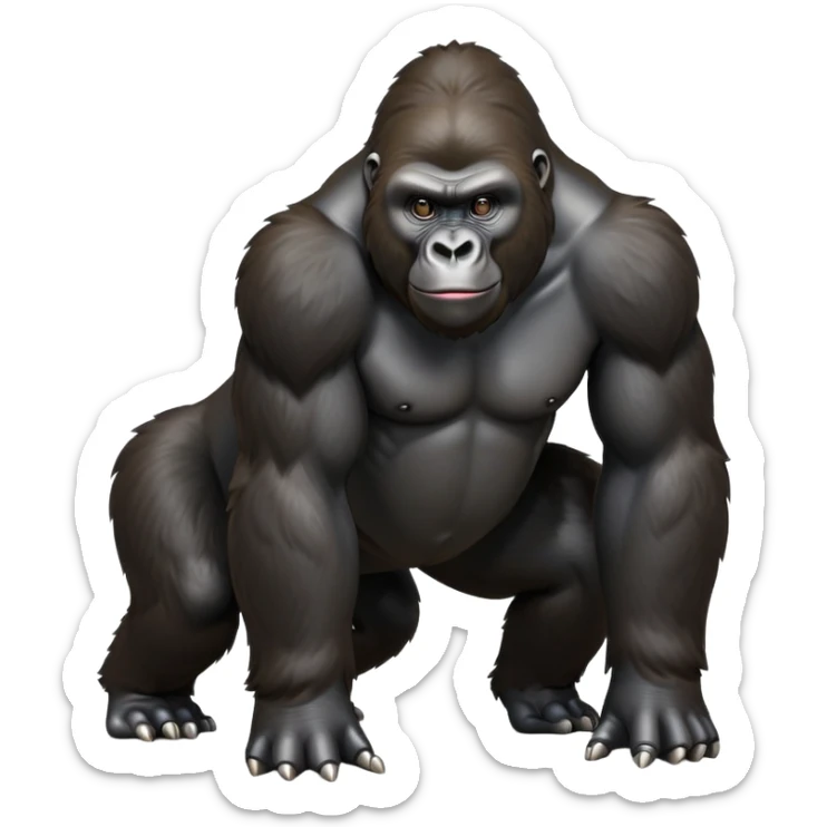cinematic-gorilla-realistic-full-body-on all fours-emoji,-exuding-strength,-thick-dark-fur-glossy-in-the-light,-head-tilted-dramatically,-deep-dark-eyes-filled-with-intense-intelligence,-simplified-yet-realistic-focused-features,-highly-detailed,-glowing-with-an-almost-sarcastic-glow sticker