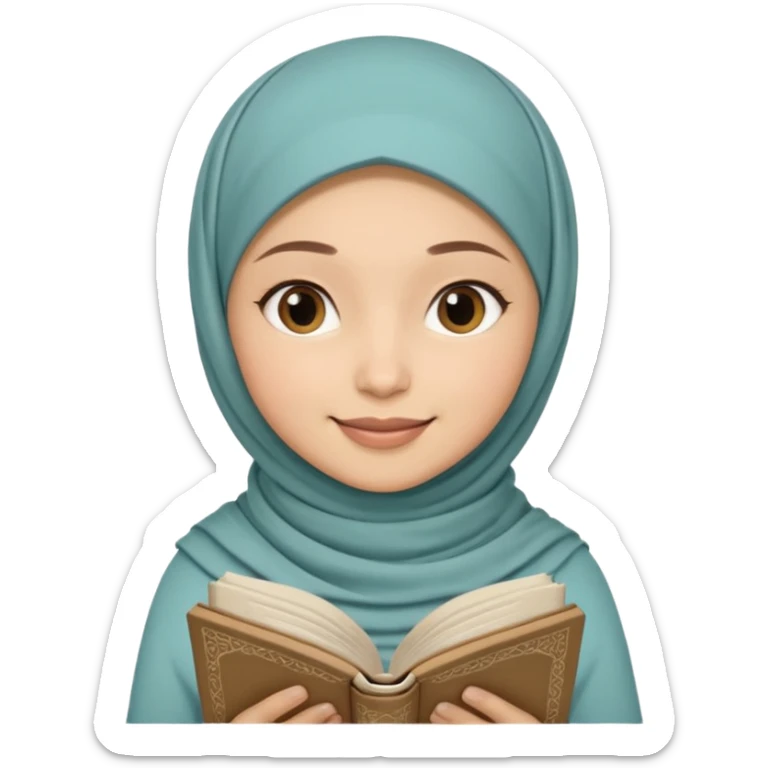 Muslim woman reading Quran with calm smile, pastel background, hijab sticker