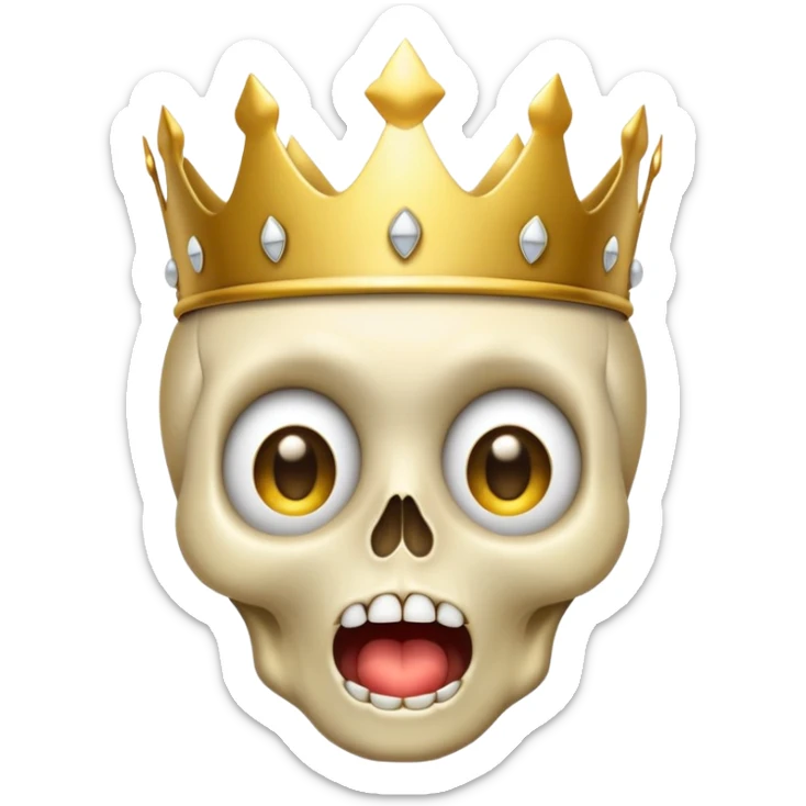 A shocked skull emoji with wide eyes and open mouth, wearing a classic golden emoji crown, Apple emoji style, 2D digital art, transparent background sticker