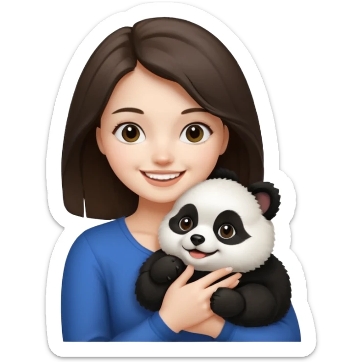 an brunette hair girl holding her white pomeranian dog that looks like a panda sticker