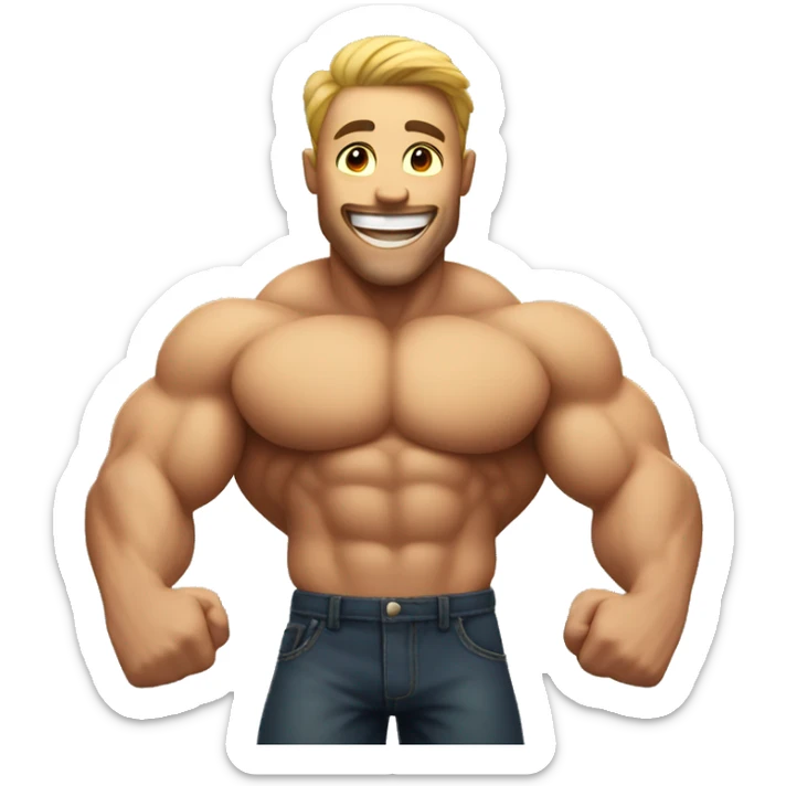 An emoji of a muscular man flexing his biceps, showcasing strength and confidence with a big smile sticker