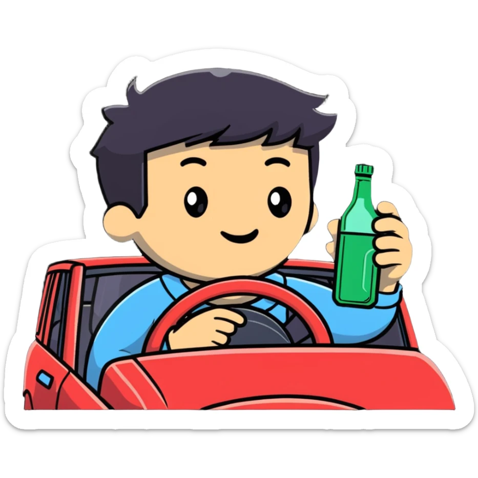 person in a car holding a bottle, showing the act of drinking and driving sticker