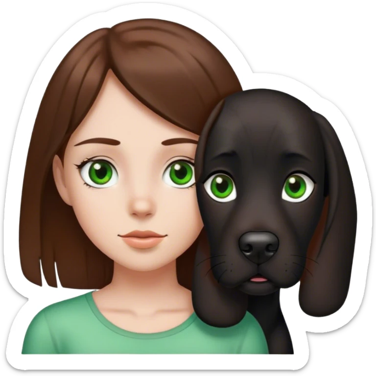 a girl with brown hair, green eyes and a big black dog with a white spot on her chest with brown eyes sticker