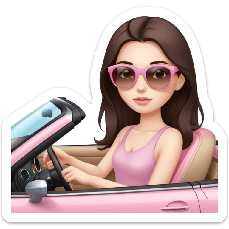 girl with long dark brown hair and pale skin wearing sunglasses driving convertible car with light pink interior sticker