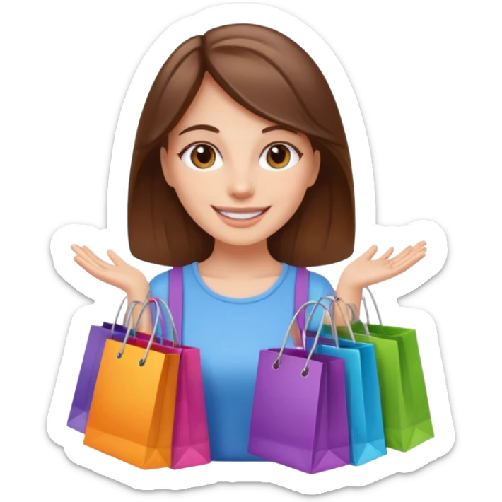smiling white girl with brown hair and brown eyes carrying colorful shopping bags sticker