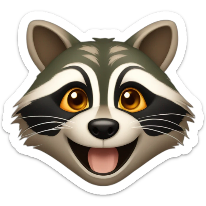 a small brown raccoon with orange eyes and a dark green hood that is laughing sticker
