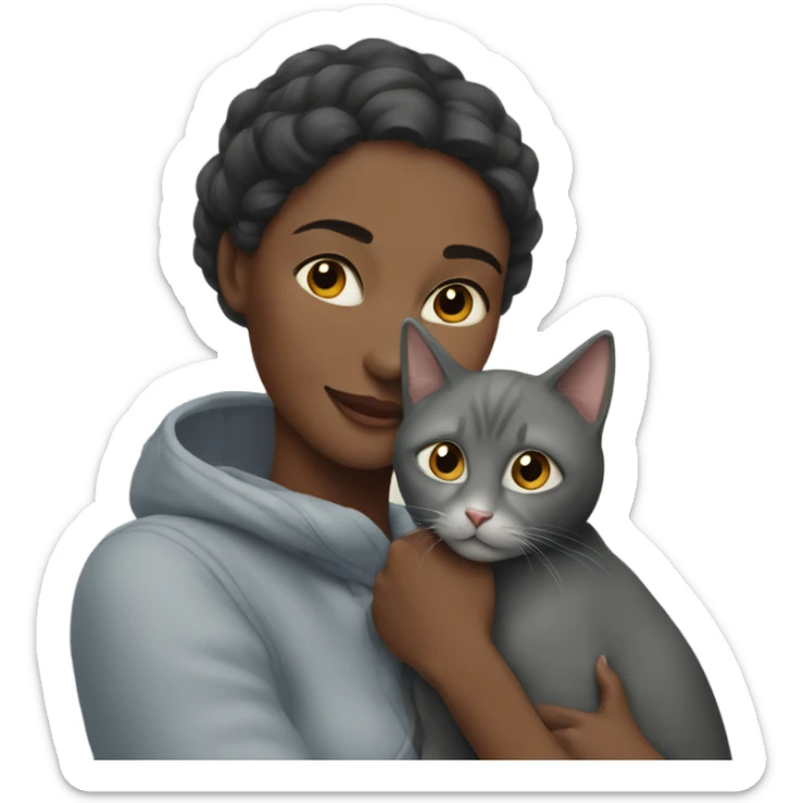 outdoor portrait of a woman hugging a gray cat sticker