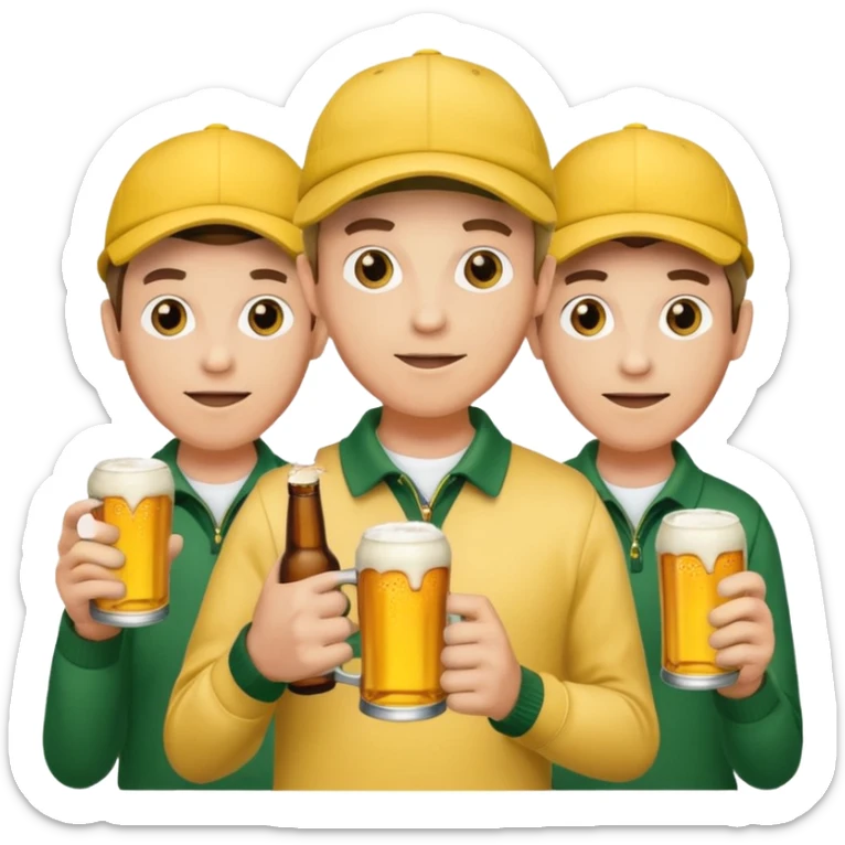 16 men on a golf trip wearing yellow golf caps all holding a beer can with a Xmas style label. Has to be 16 of them. sticker