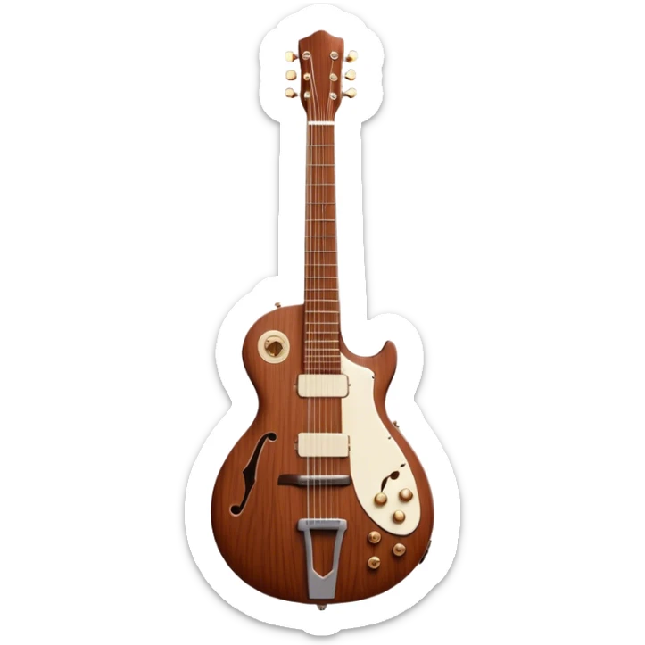 Cinematic Realistic Guitar, smooth mahogany body with deep wood grain, metal strings catching soft reflections, intricate tuning pegs gleaming subtly, warm light accentuating the contours, glowing with the warmth of music and craftsmanship. sticker