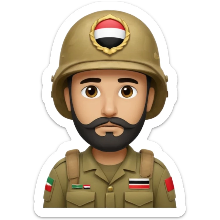 A tired, swarthy Iraqi soldier with a beard, an Iraqi flag on his helmet, a sad expression and bags under his eyes sticker