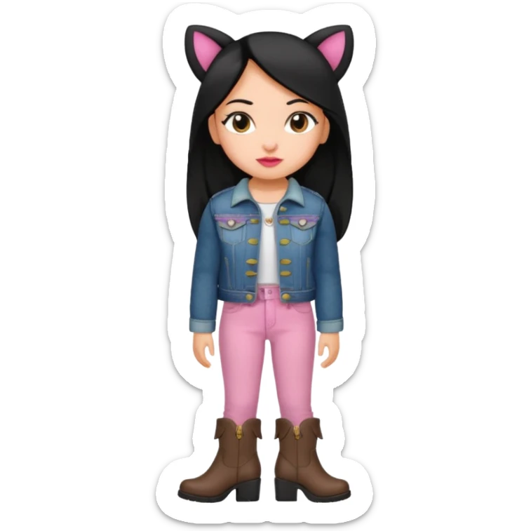 Gordita, ojos pequeños de color cafe oscuro, labios pequeños y rosados, piel trigueña, orejas pequeñas, cabello largo lazio y negro, pequeña. cuerpo completo. vestida con saco jean y botas sticker
