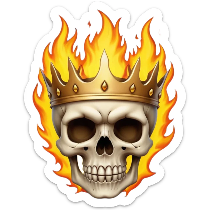 A detailed skull crowned by realistic flames, gothic metal aesthetic, high contrast, soft neutral background, subtle shadow, emoji-style icon, clean edges, digital illustration. sticker