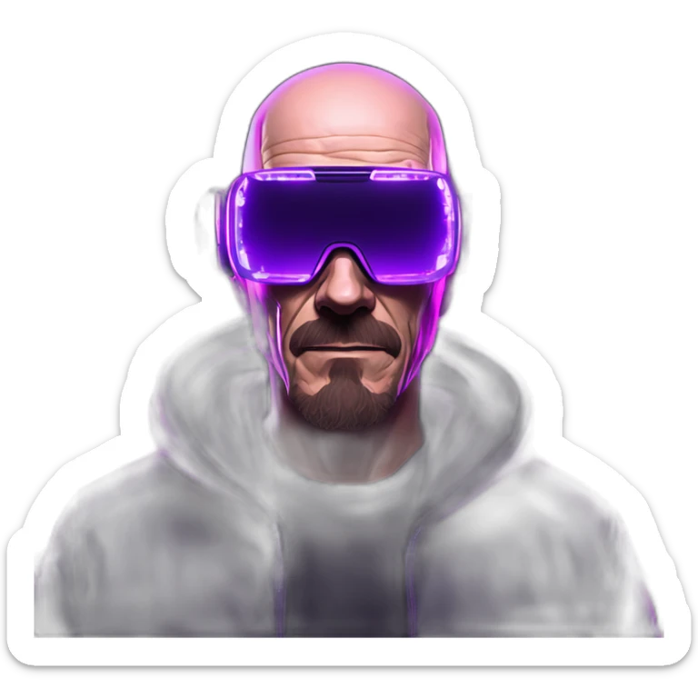 Walter White wearing a black hoodie with "OMG" letters on it and VR headset in a cyberpunk VR environment with violet neon lighting. sticker
