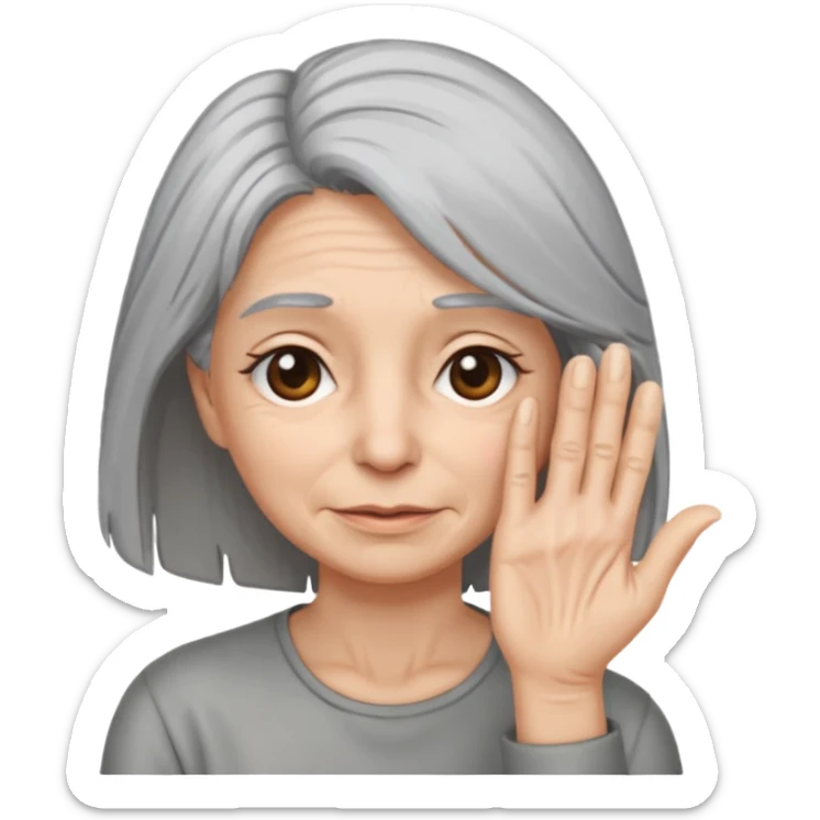 woman with gray hair and 1 palm of hand covering face sticker