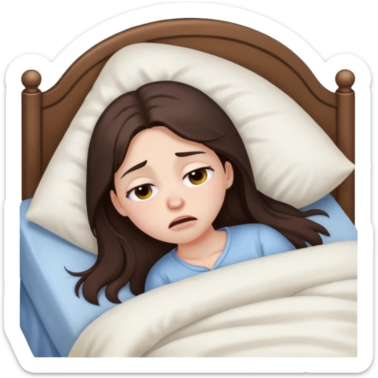 girl with long dark brown hair brown eyes and pale skin crying in bed tired sick sticker