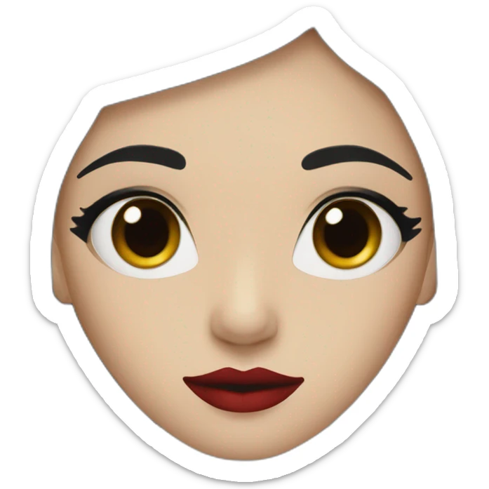 long straight black hair, red lipstick, black eyes, white skin and a small nose sticker