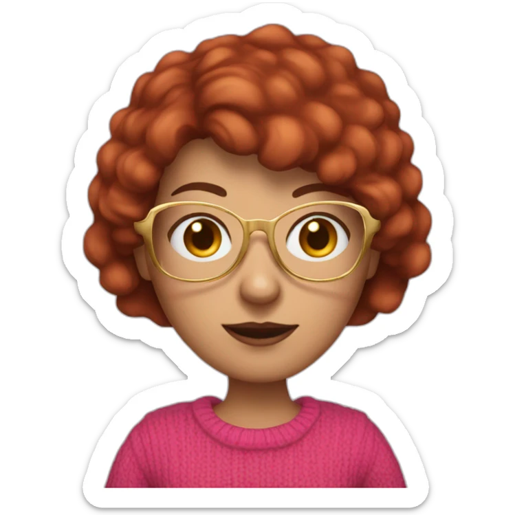 45-year-old Dutch white woman with dark red colored short hair, pink sweater and gold glasses sticker