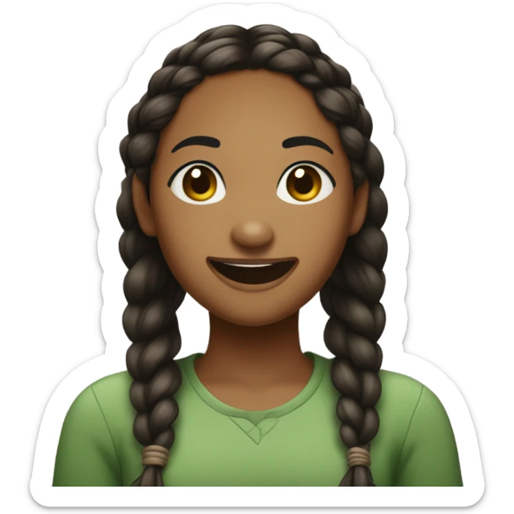 A slightly dark brown girl, with thin eyebrows, a luscious mouth, with braids, moles on her face, she laughs, she wears a green top in a slightly grunge style  sticker