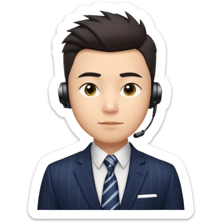 gay young Asian man with light skin, short dark hair styled upward with a sharp spiked swoop in front, slightly narrowed almond-shaped eyes with a confident, knowing squint, a clean-shaven face, and a sleek single-ear headset, wearing a dark pinstripe suit with a patterned shirt tie sticker