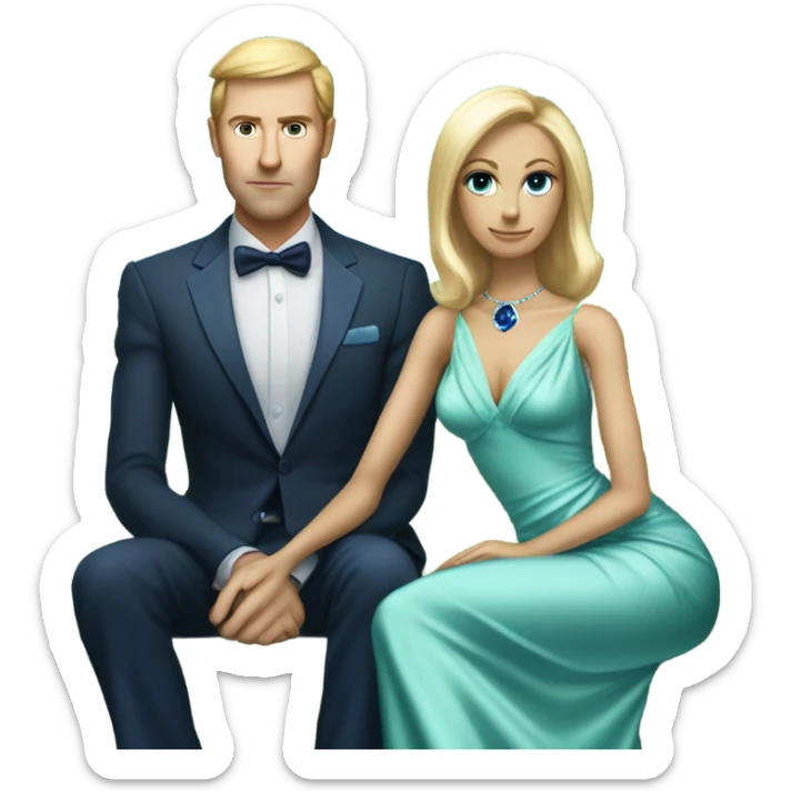 light green skin alien blonde woman in long slim pastel blue formal party satin dress with gradient shiny sparkling navy blue diamonds embroidered , and caucasian man in black dress, sitting on a white couch  sticker
