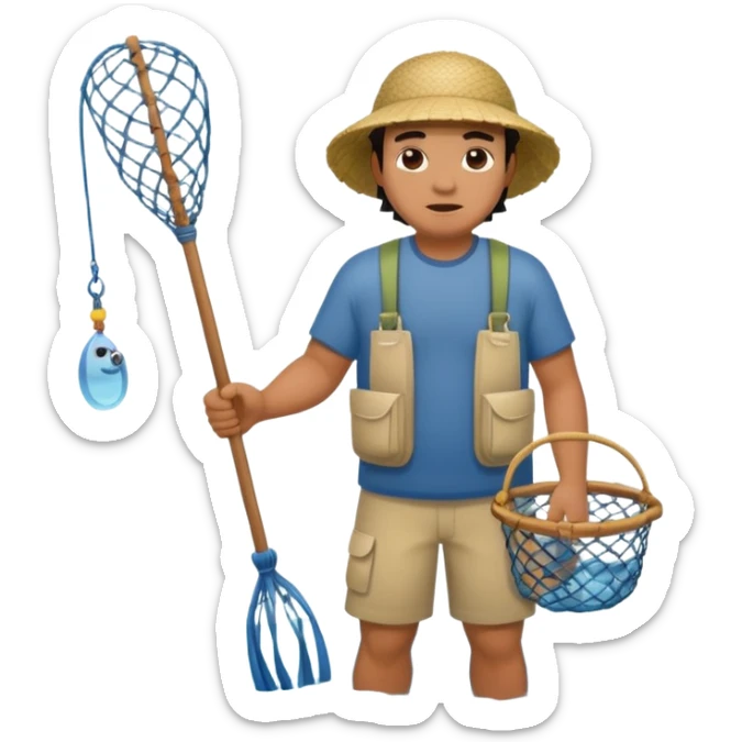 A Polynesian fisherman standing in the water with a net full of fish. The fisherman has empty hands and is standing in the water. sticker