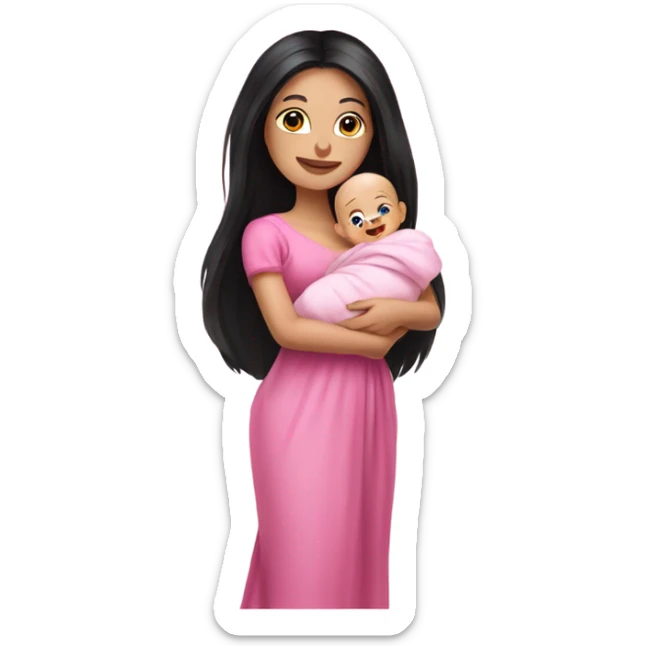 Beautiful Russian lady with very long black hair pink clothes holding baby  sticker