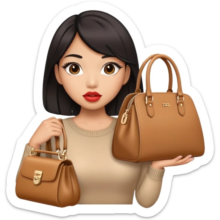 a girl with huge lips and false eyelashes, an Asian woman with a big purse guess sticker