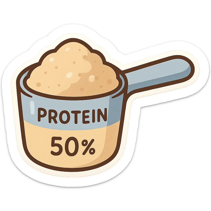 measuring spoon filled with protein to 50 percent sticker