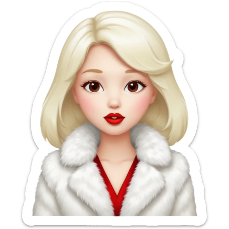 A beautiful, cute girl with red lipstick on her lips is posing for a photo in a white fur coat, and she's seen in full view, blowing a kiss. sticker