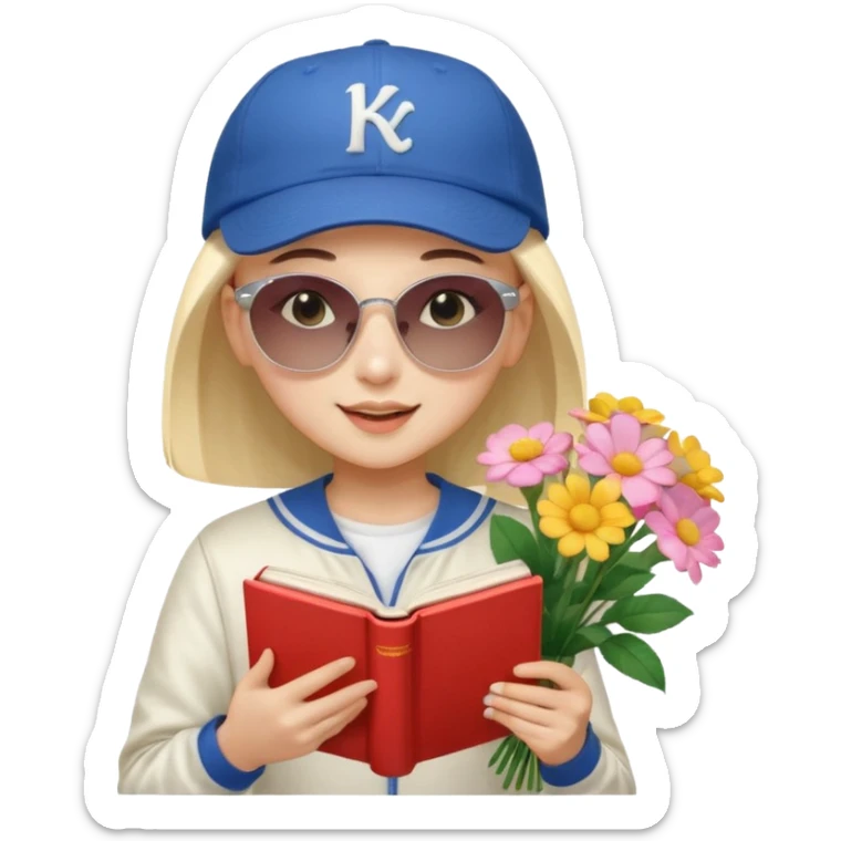 ["A happy girl with light skin, bald, wearing a baseball cap and sunglasses, dressed in K-pop fashion, is reading a book while holding a flower bouquet."] sticker