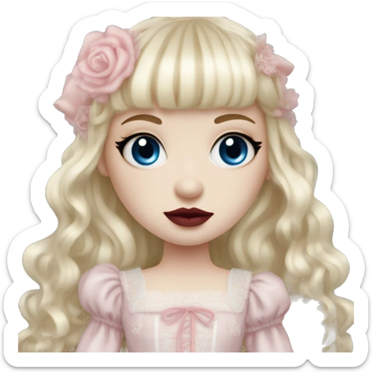 russian pale girl with long blond hair and bangs, red lips, pink cheeks, long eyelashes, big blue eyes, pink wedding dress with laces, gothic Lolita doll look sticker