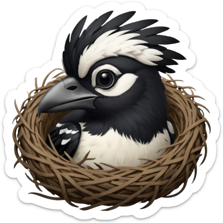 A man who has hair on the top of his head, that is actually an Australian Magpie, birds nest. sticker