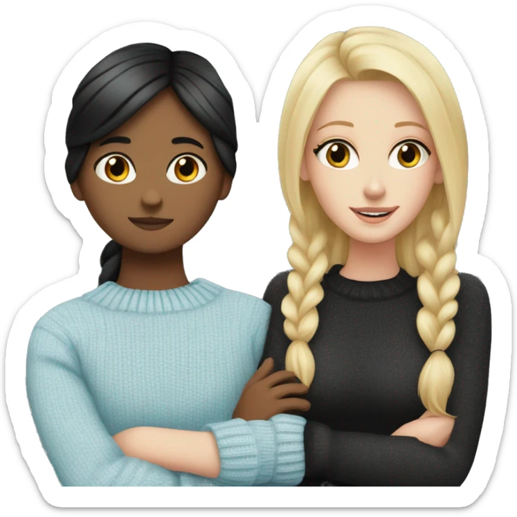 Blonde white girl wearing light blue sweater hugging black haired white girl wearing black sweater sticker