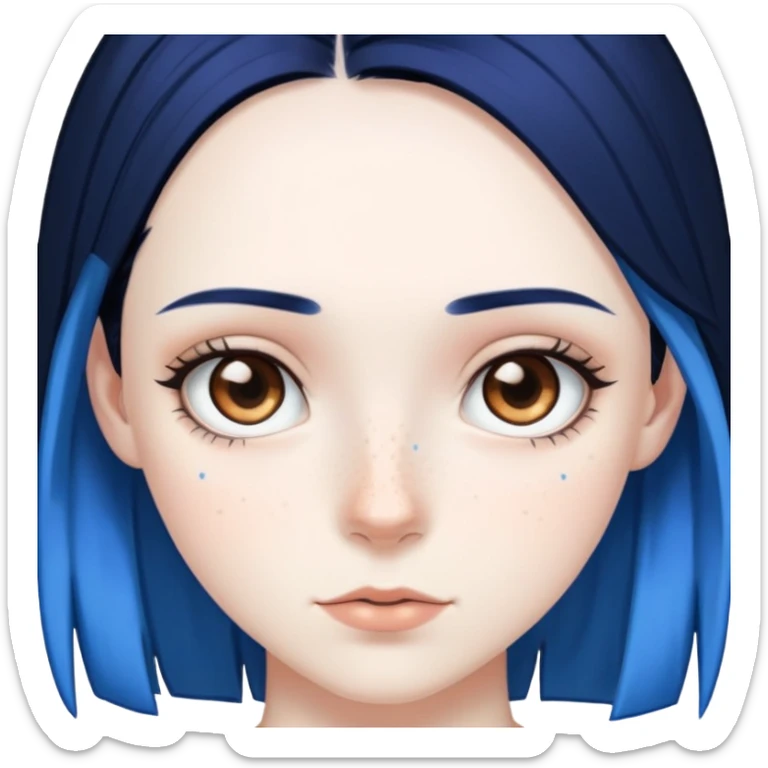 Pale girl with brown eyes and freckles, black hair, with two strips of blue hair sticker